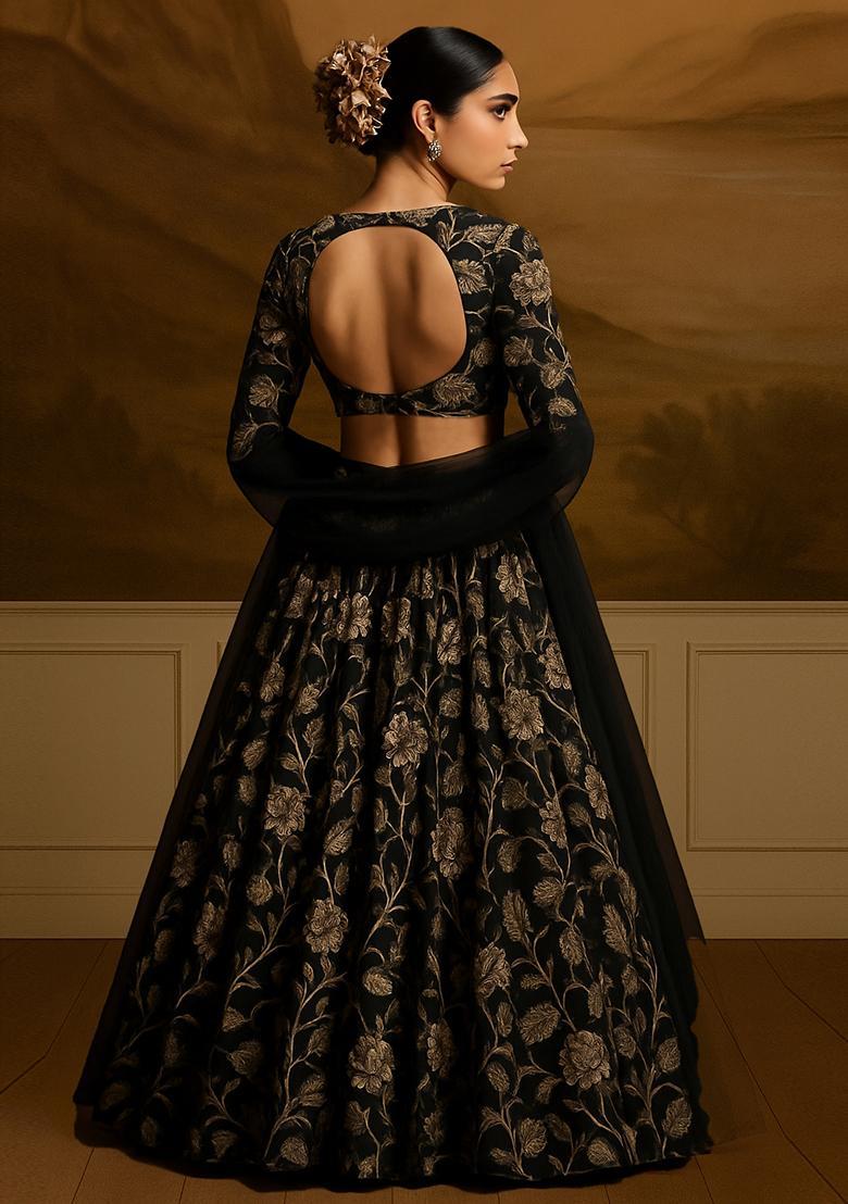 Black Printed Satin Georgette Lehenga Set - Indya
