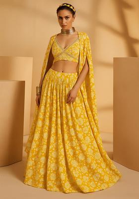 Yellow Printed Satin Georgette Lehenga Set