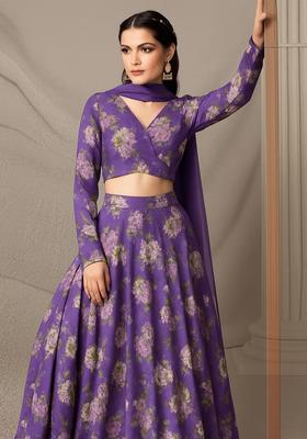 Purple Printed Satin Georgette Lehenga Set