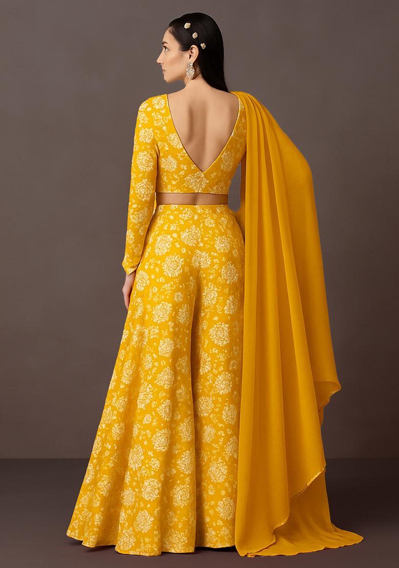 Yellow Printed Satin Georgette Lehenga Set - Indya
