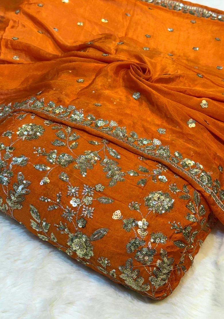 Orange Embroidered Chinon Lehenga Set - Indya