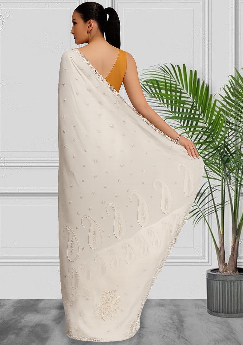 Off White Sequin Embroidered Georgette Pre Draped Saree Set - Indya