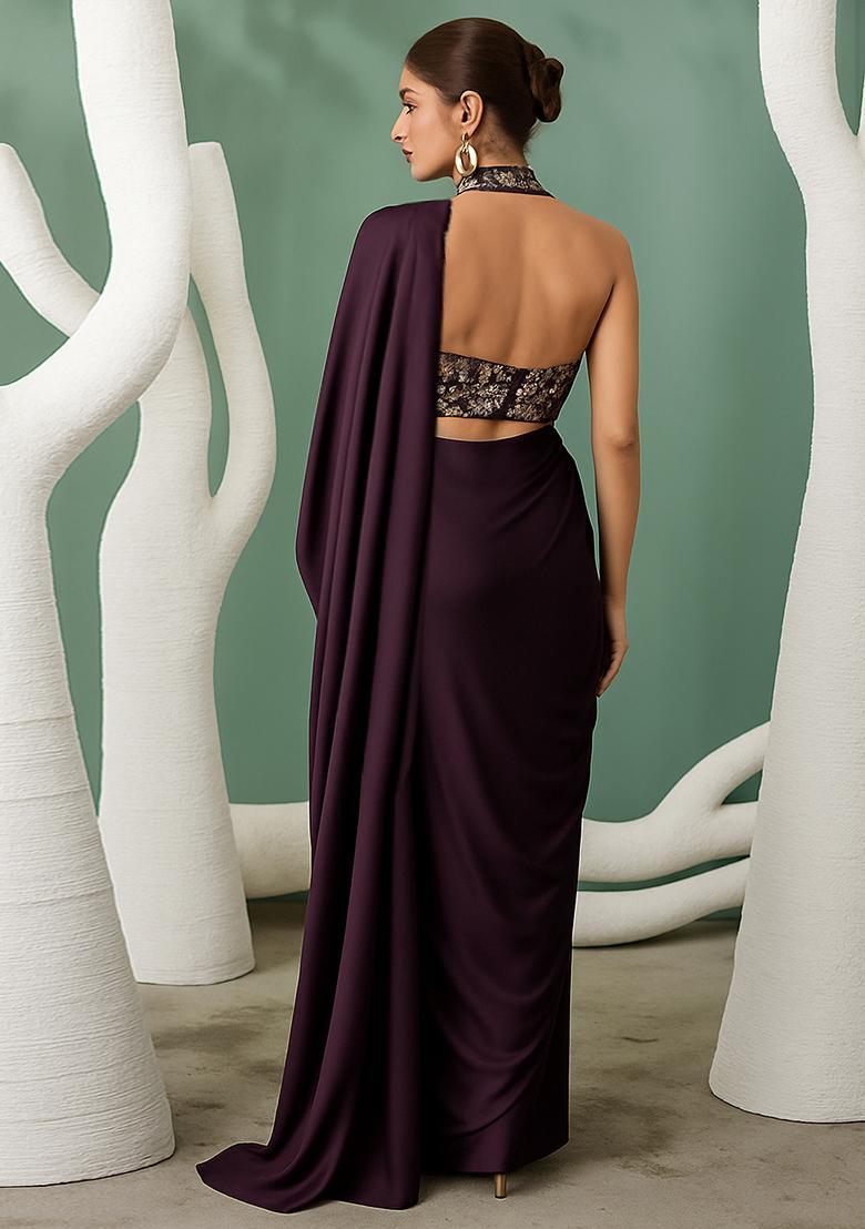 Deep Purple Sequin Embellished Blouse Satin Pre Draped Saree Set - Indya