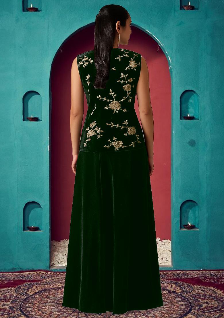 Black Velvet Sequins Embroidered Fusion Set - Indya
