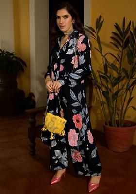 Black Floral Print Crepe Co Ord Set