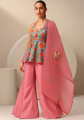 Bright Pink Embroidered Chinon Sharara Set