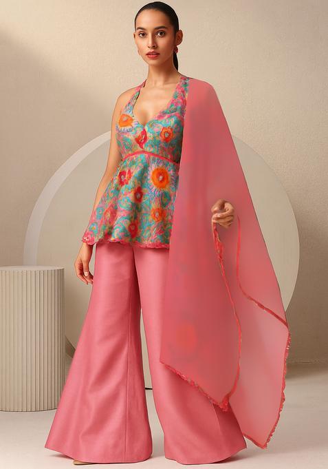 Bright Pink Embroidered Chinon Sharara Set