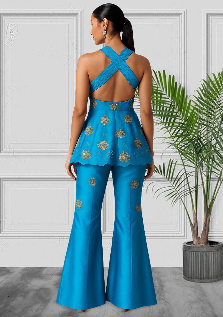 Bright Blue Embroidered Chinon Sharara Set - Indya