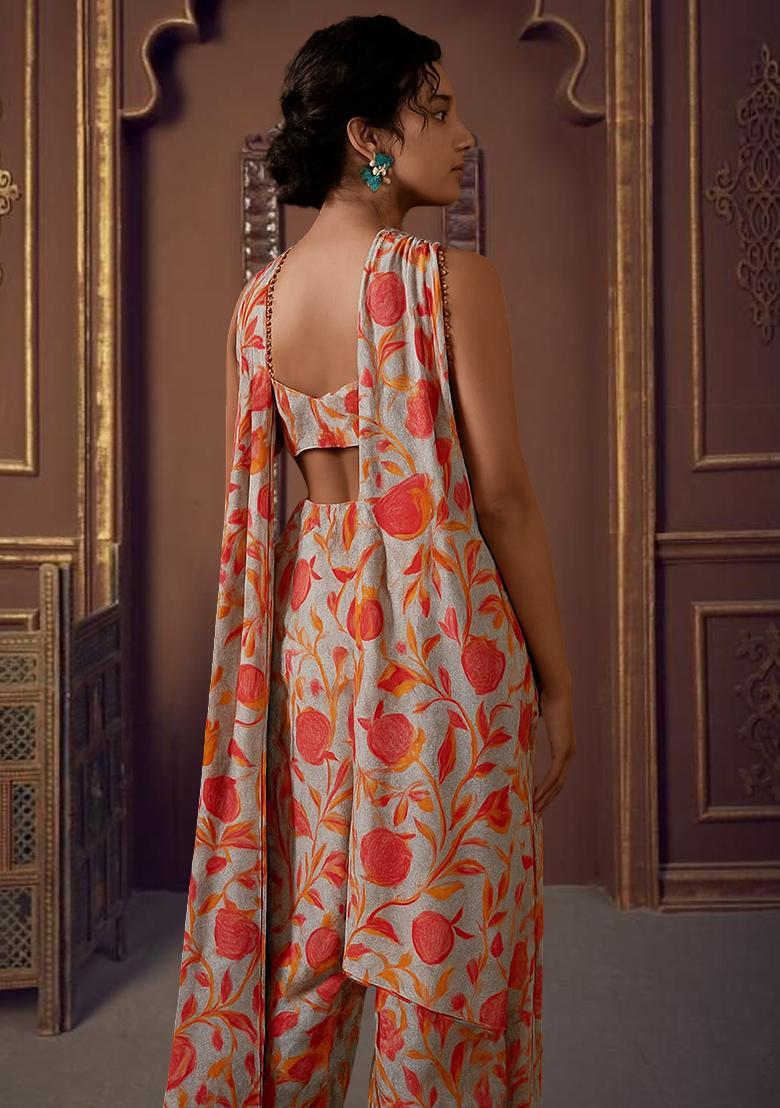 Powder Blue Floral Print Georgette Co Ord Set - Indya