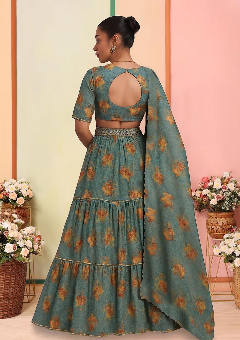 Teal Blue Georgette Embroidered Lehenga Set - Indya