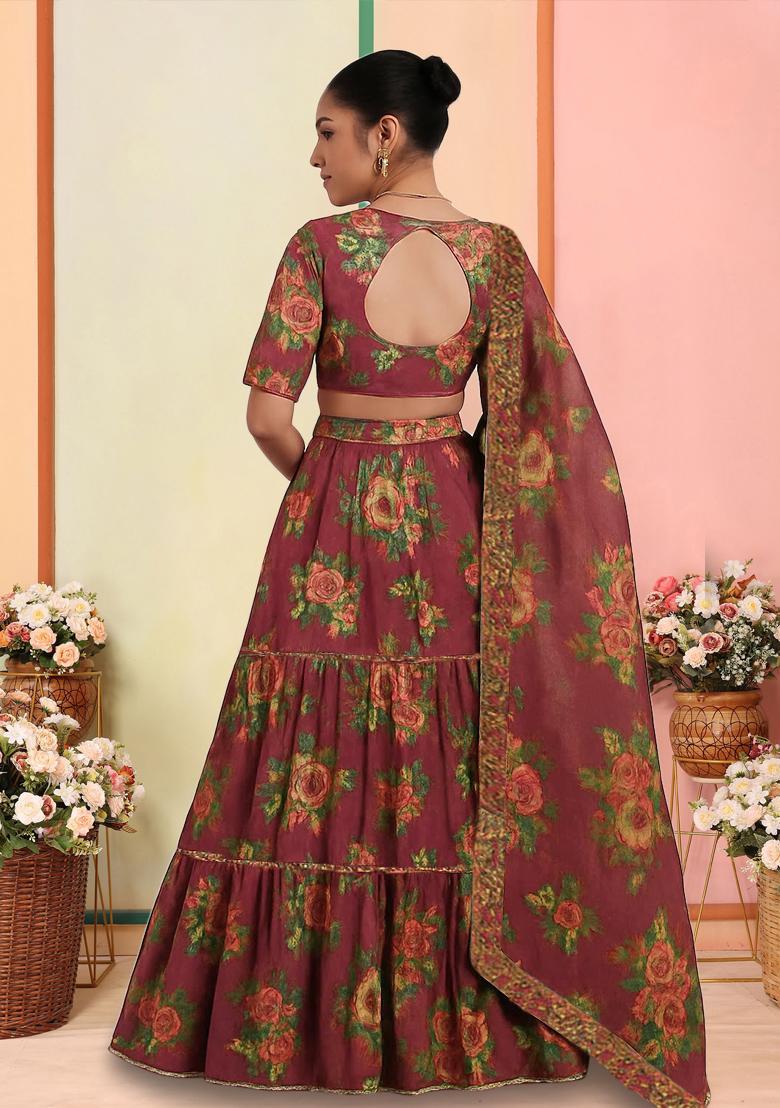 Maroon Tissue Printed Lehenga Set - Indya