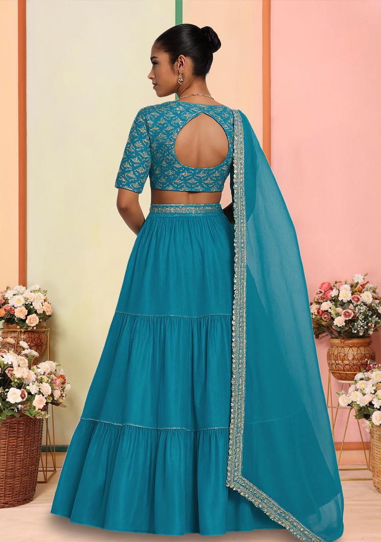 Sky Blue Chinon Printed Lehenga Set - Indya
