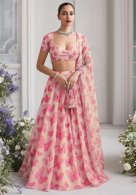 Pink Organza Printed Lehenga Set