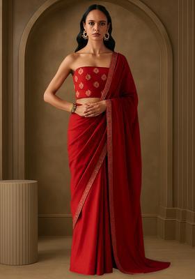 Fuchsia Pink Chinon Printed Pre Draped Saree Set