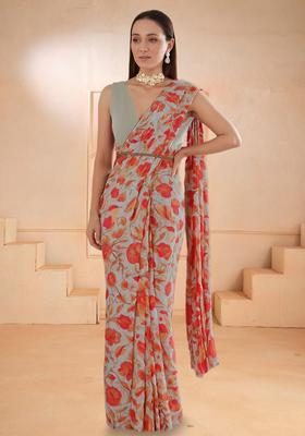 White Georgette Printed Pre Draped Saree Set