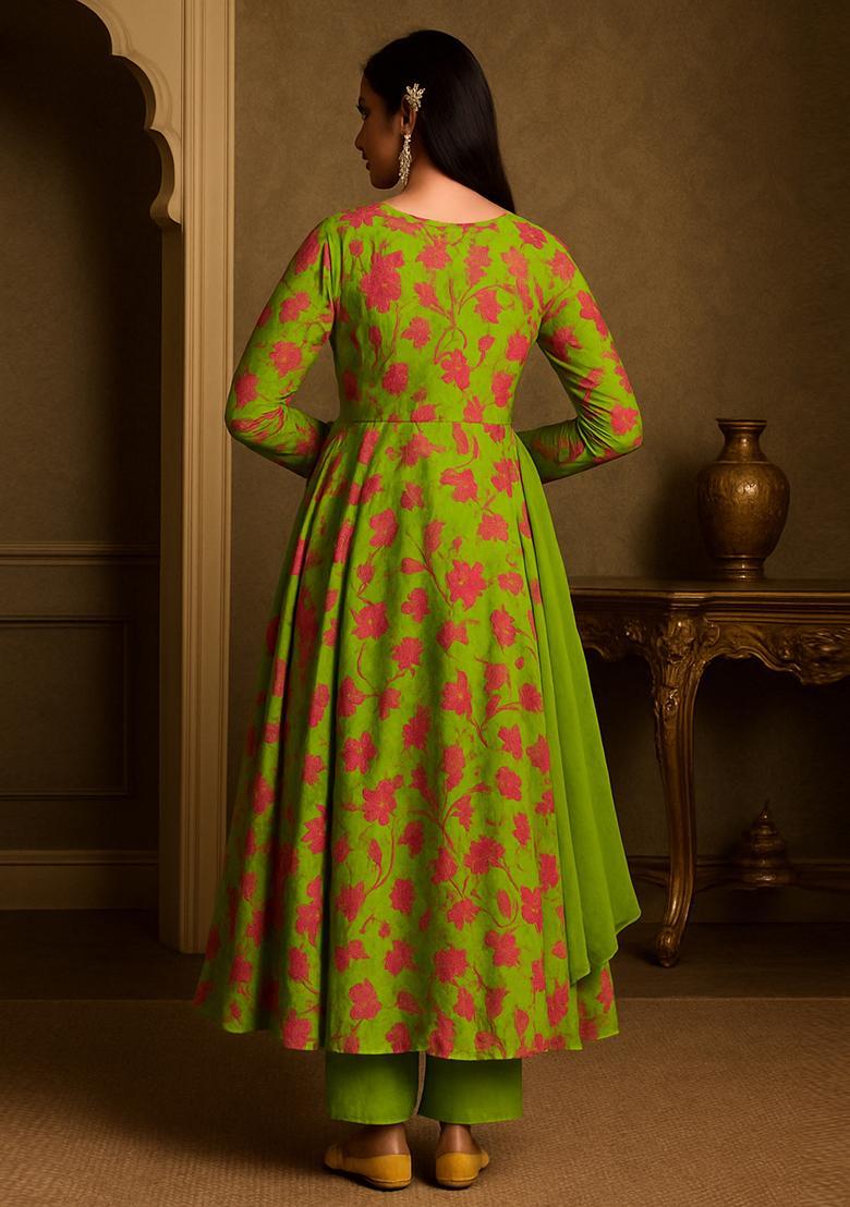 Henna Green Georgette Printed Anarkali Set - Indya