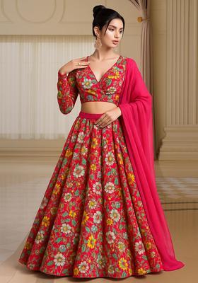 Bright Pink Georgette Printed Lehenga Set