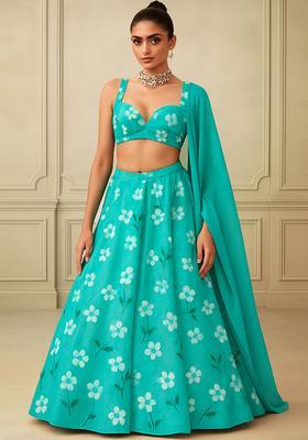 Aqua Green Georgette Printed Lehenga Set