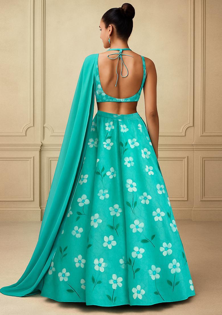 Aqua Green Georgette Printed Lehenga Set - Indya