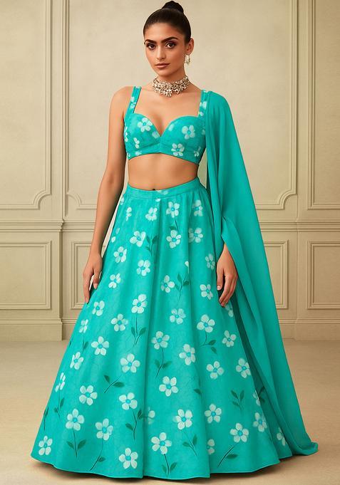 Aqua Green Georgette Printed Lehenga Set
