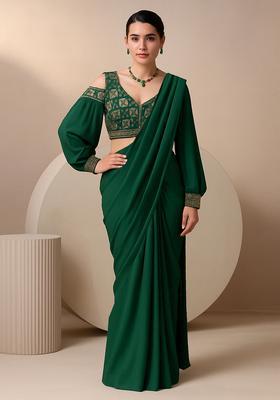 Dark Green Georgette Embroidered Blouse Pre Draped Saree Set