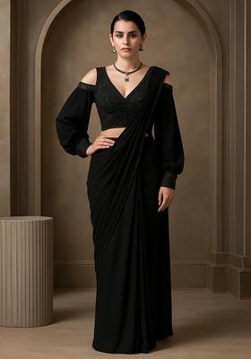 Black Georgette Embroidered Blouse Pre Draped Saree Set