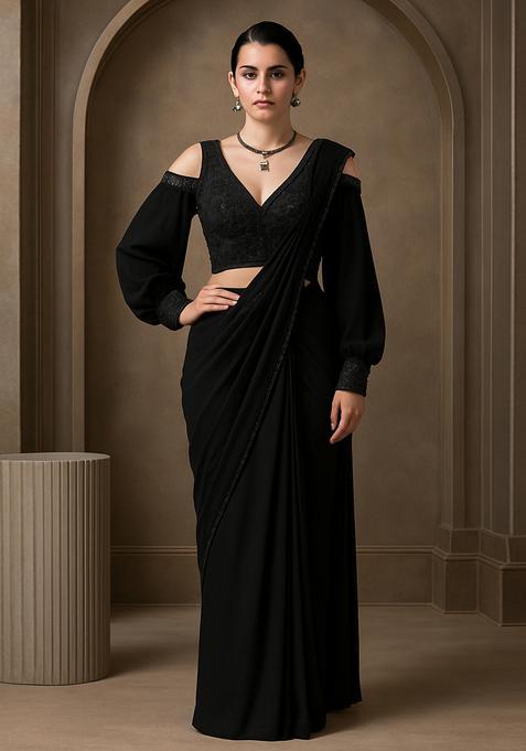 Black Georgette Embroidered Blouse Pre Draped Saree Set