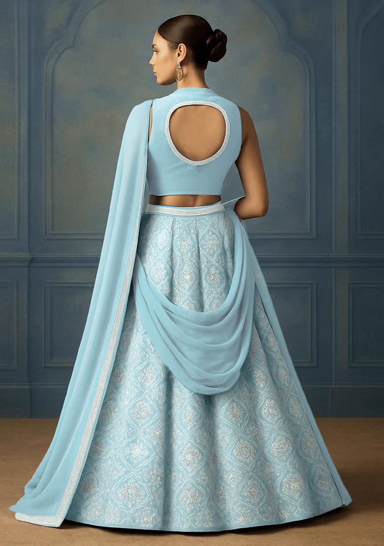 Powder Blue Raw Silk Blend Embroidered Lehenga Set - Indya
