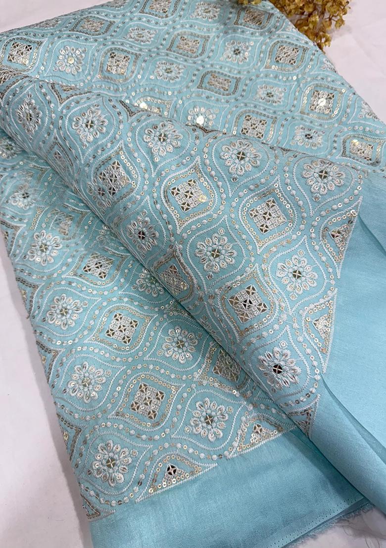 Powder Blue Raw Silk Blend Embroidered Lehenga Set - Indya