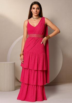 Pink Satin Georgette Printed Pre Draped Saree Set
