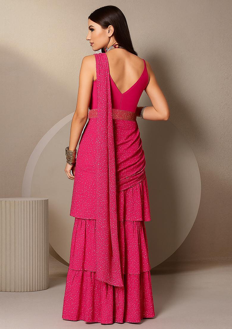 Pink Satin Georgette Printed Pre Draped Saree Set - Indya