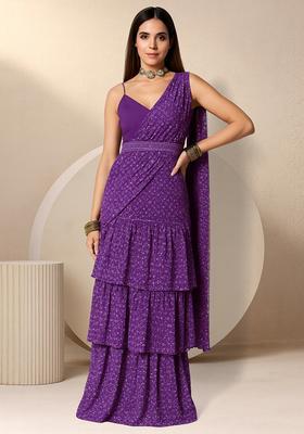 Purple Satin Georgette Printed Pre Draped Saree Set