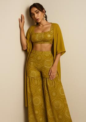 Olive Organza Printed Sharara Set