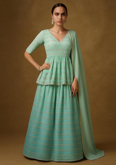 Sky Blue Tissue Sequin Embellished Lehenga Set