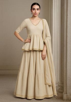 Cream Tissue Solid Lehenga Set