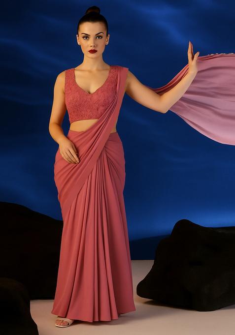 Dusty Rose Pink Georgette Embroidered Blouse Pre Draped Saree Set