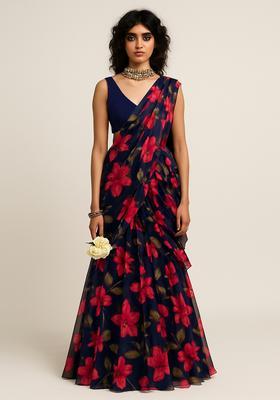 Deep Blue Chiffon Printed Blouse Pre Draped Saree Set