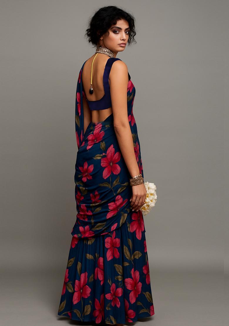 Deep Blue Chiffon Printed Blouse Pre Draped Saree Set - Indya