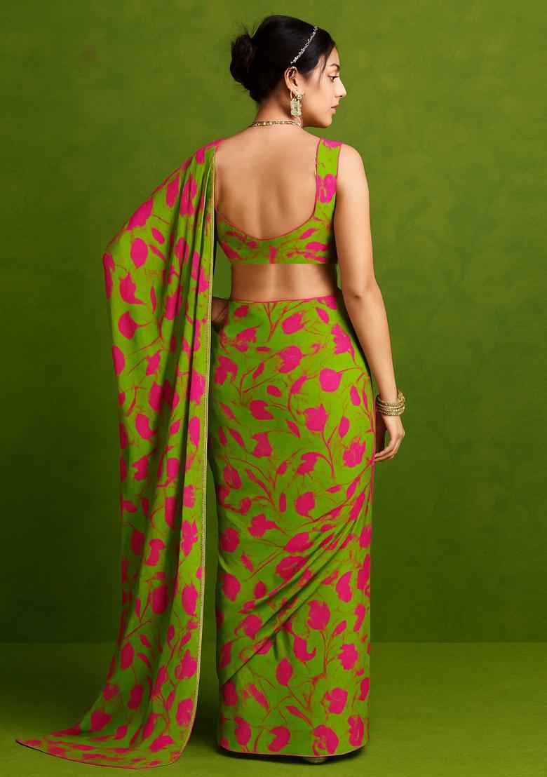 Lime Green Georgette Printed Blouse Pre Draped Saree Set - Indya