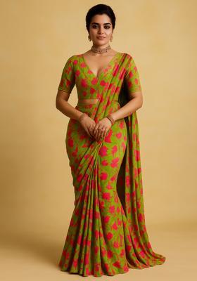 Lime Green Georgette Printed Blouse Pre Draped Saree Set