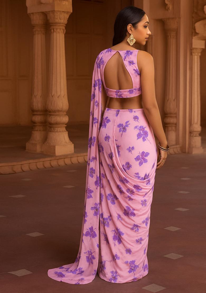 Pastel Pink Chiffon Printed Pre Draped Saree Set - Indya