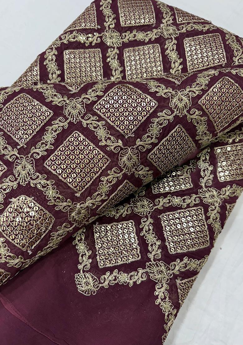 Maroon Georgette Sequin Embroidered Blouse Pre Draped Saree Set - Indya