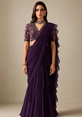 Purple Georgette Sequin Embroidered Blouse Pre Draped Saree Set