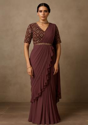 Mulberry Georgette Embroidered Blouse Pre Draped Saree Set