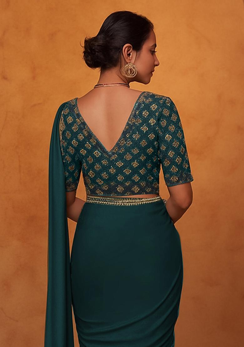 Teal Green Georgette Embroidered Blouse Pre Draped Saree Set - Indya