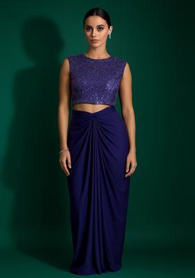 Royal Blue Satin Embellished Blouse Fusion Set