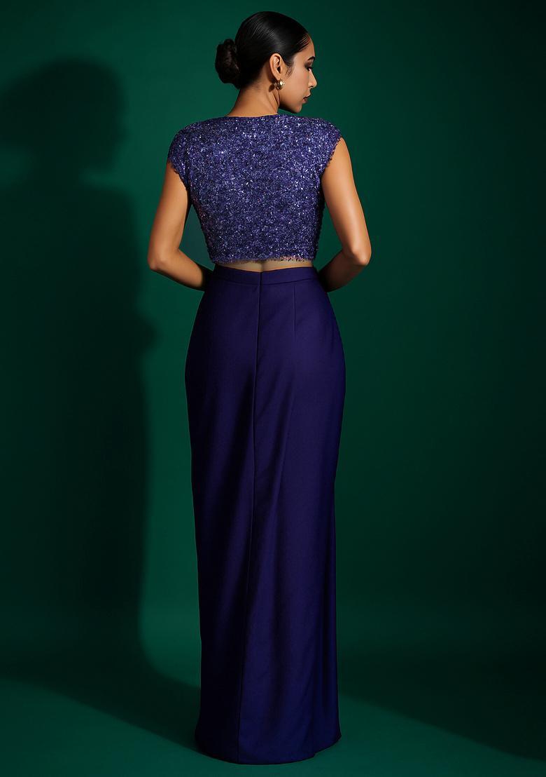 Royal Blue Satin Embellished Blouse Fusion Set - Indya