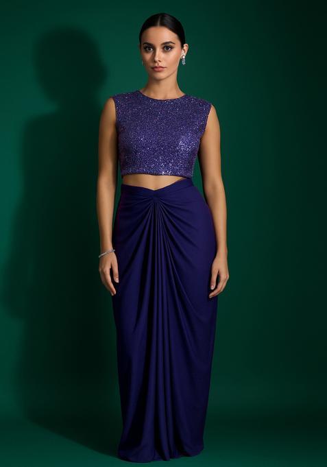 Royal Blue Satin Embellished Blouse Fusion Set
