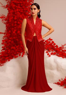 Red Satin Sequin Embellished Jacket Fusion Set