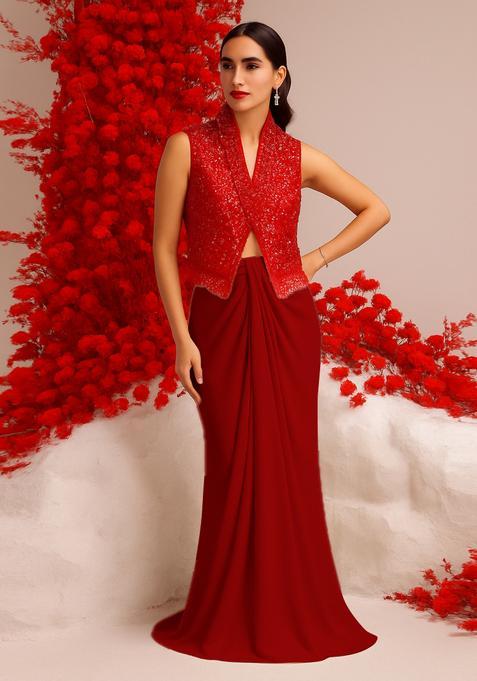Red Satin Sequin Embellished Jacket Fusion Set